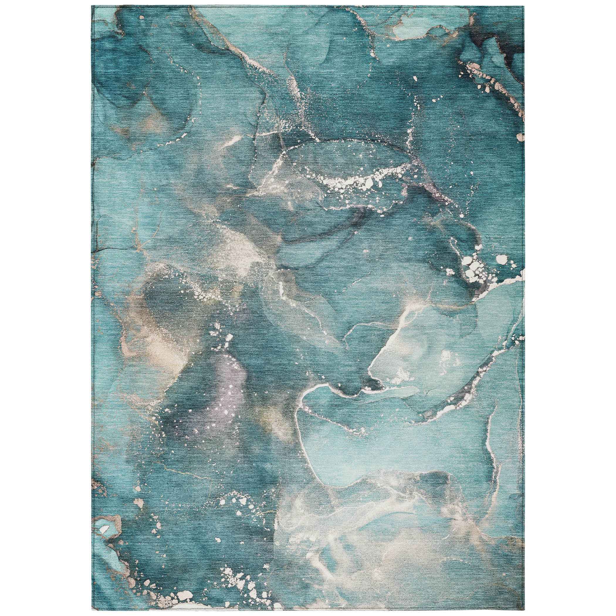 9' X 12' Teal Abstract Washable Non Skid Indoor Outdoor Area Rug