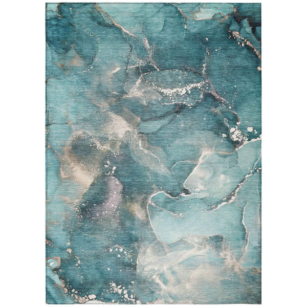 9' X 12' Teal Abstract Washable Non Skid Indoor Outdoor Area Rug