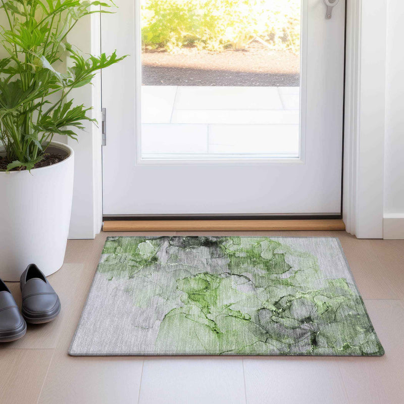 2' X 3' Green Abstract Washable Non Skid Indoor Outdoor Area Rug
