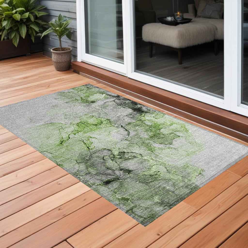 2' X 3' Green Abstract Washable Non Skid Indoor Outdoor Area Rug