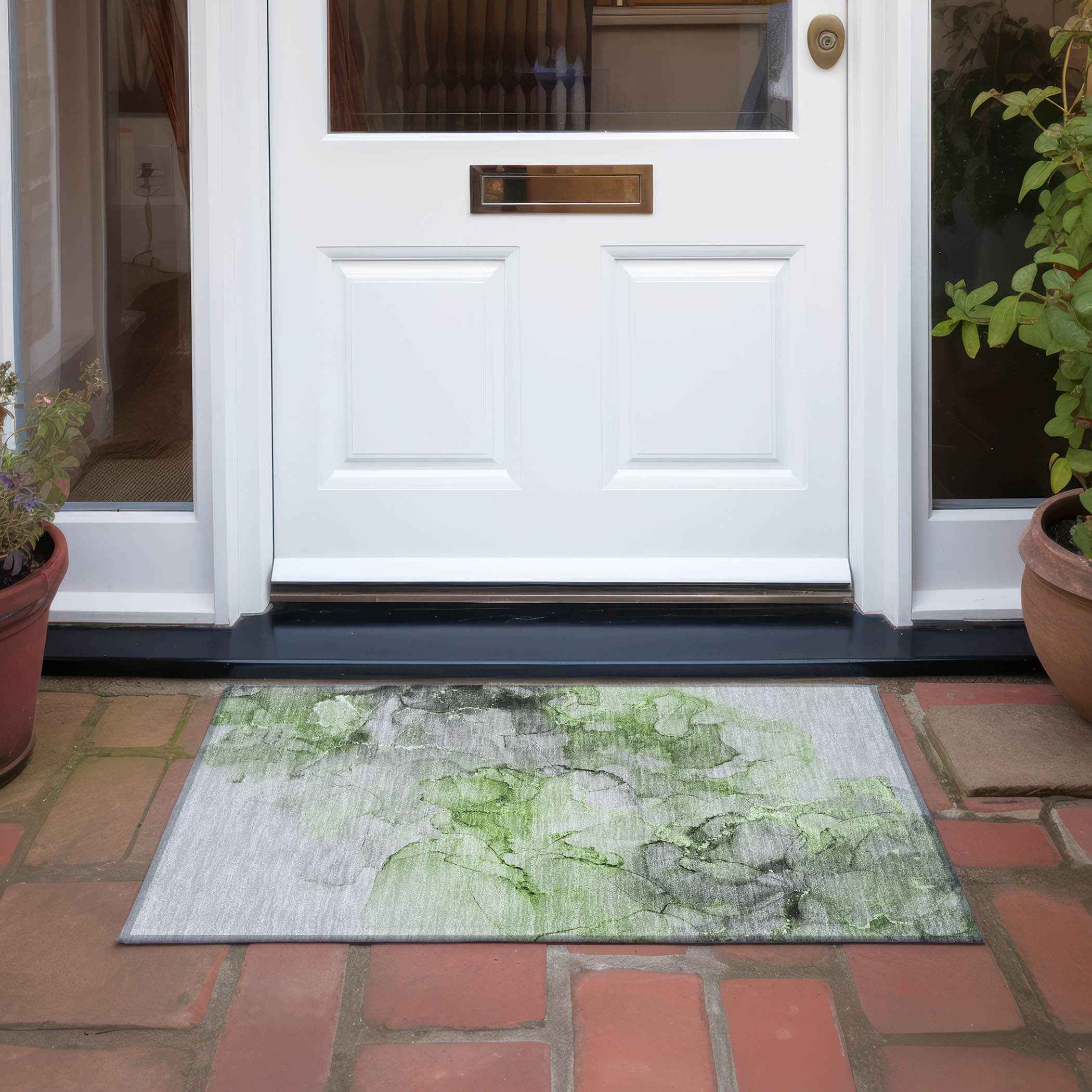 2' X 3' Green Abstract Washable Non Skid Indoor Outdoor Area Rug