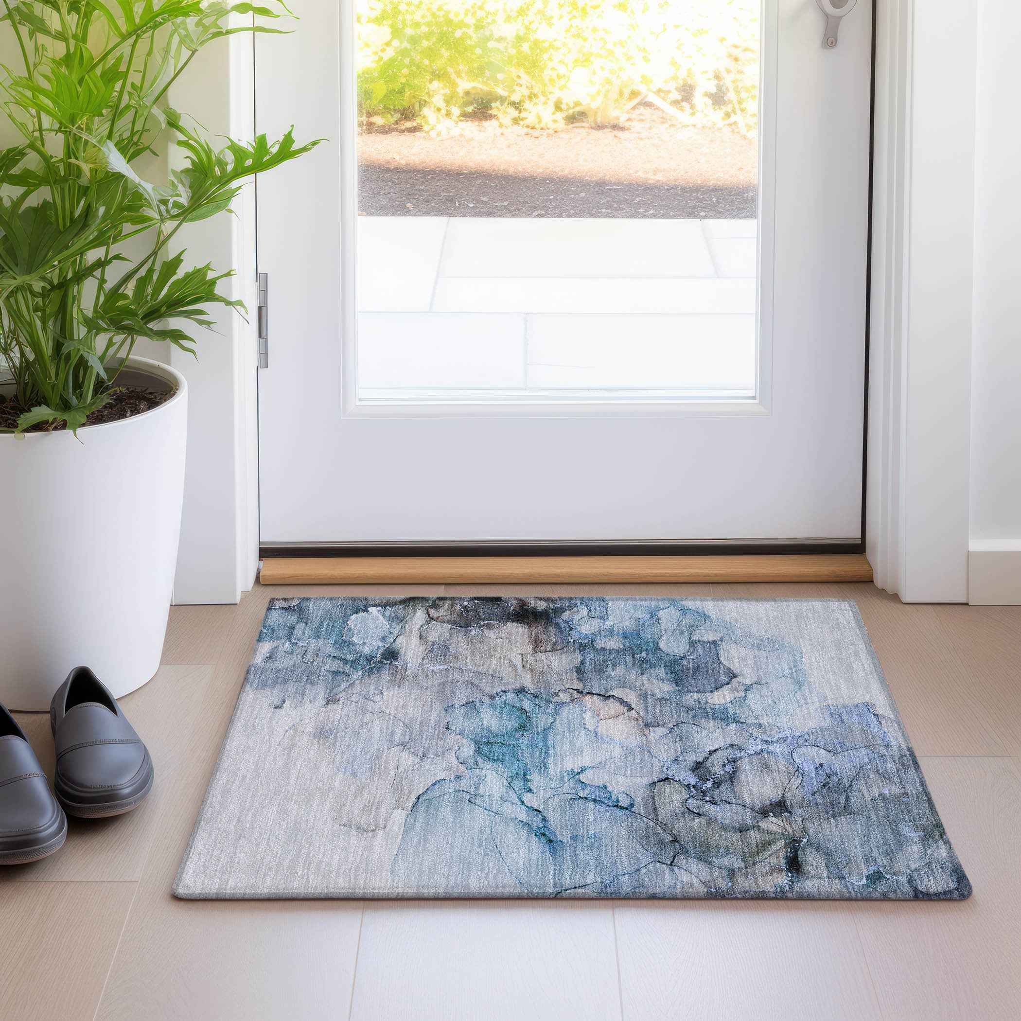 2' X 3' Blue and Gray Abstract Washable Non Skid Indoor Outdoor Area Rug