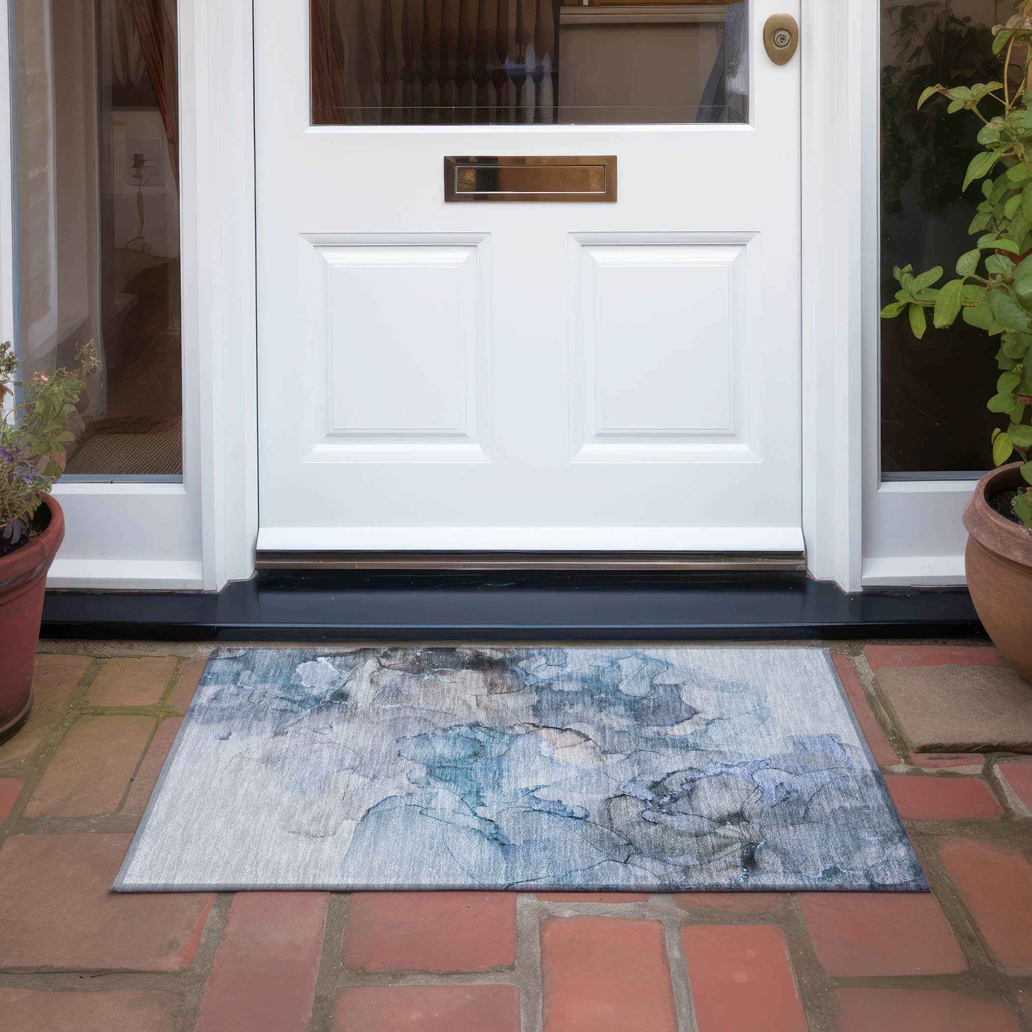 2' X 3' Blue and Gray Abstract Washable Non Skid Indoor Outdoor Area Rug