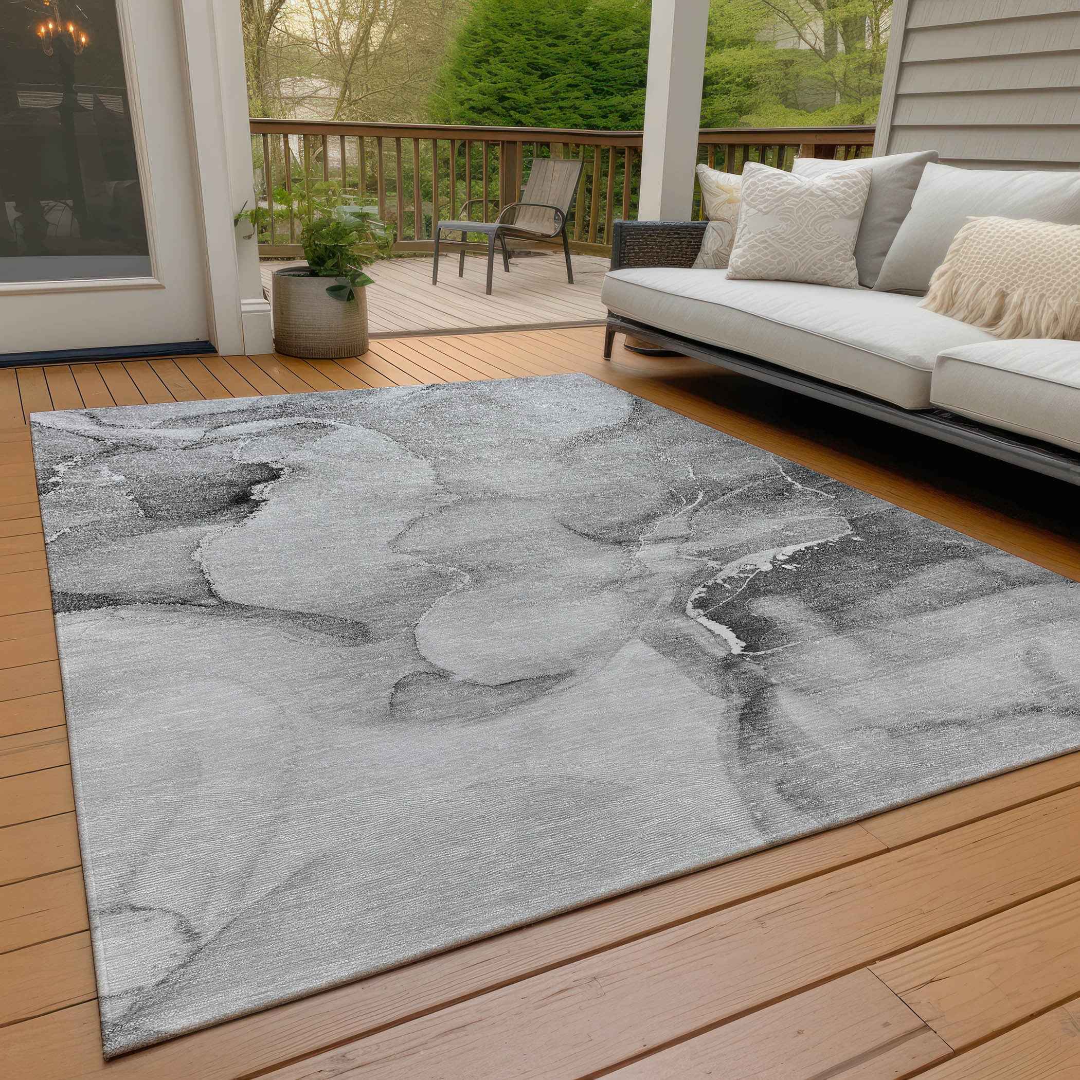 3' X 5' Gray and Ivory Abstract Washable Non Skid Indoor Outdoor Area Rug