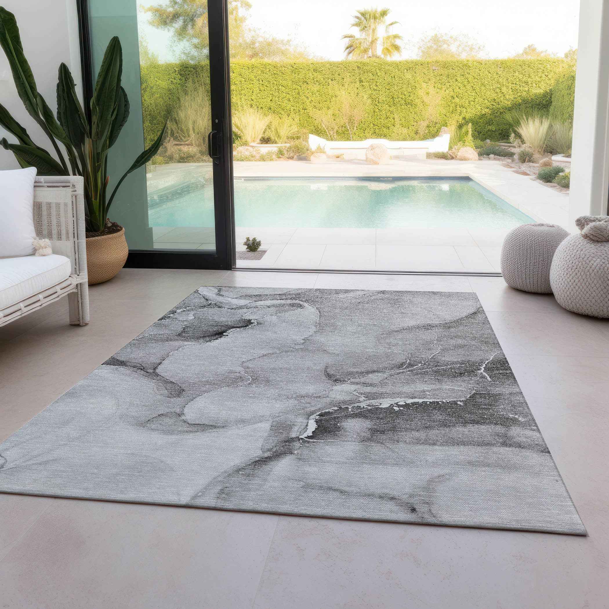 3' X 5' Gray and Ivory Abstract Washable Non Skid Indoor Outdoor Area Rug
