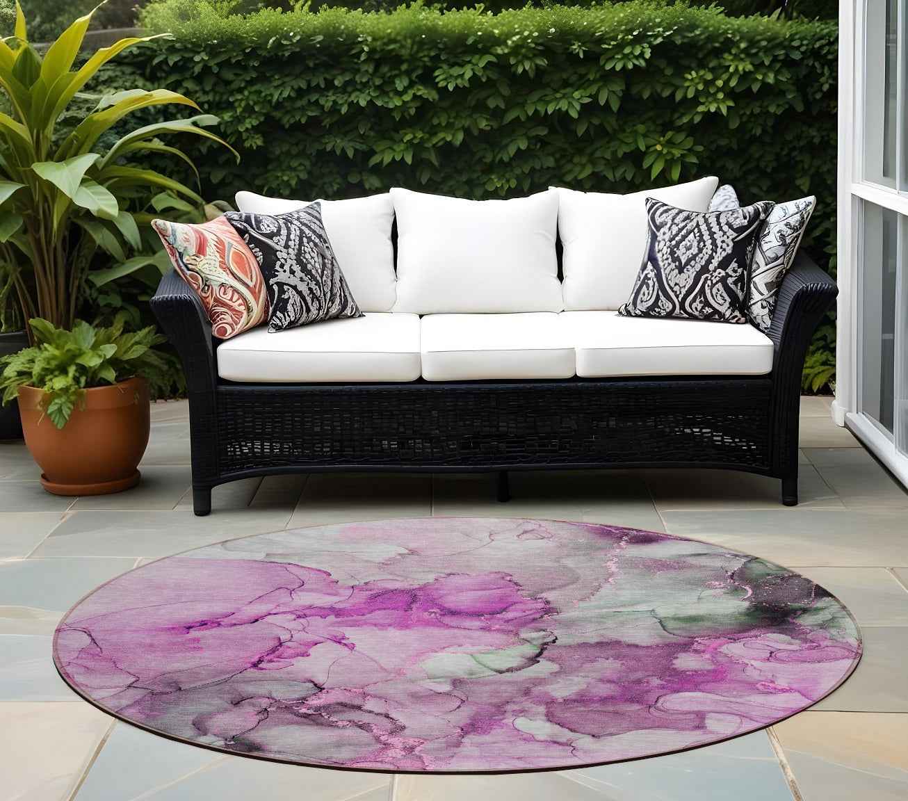 8' Round Gray and Purple Round Abstract Washable Non Skid Indoor Outdoor Area Rug