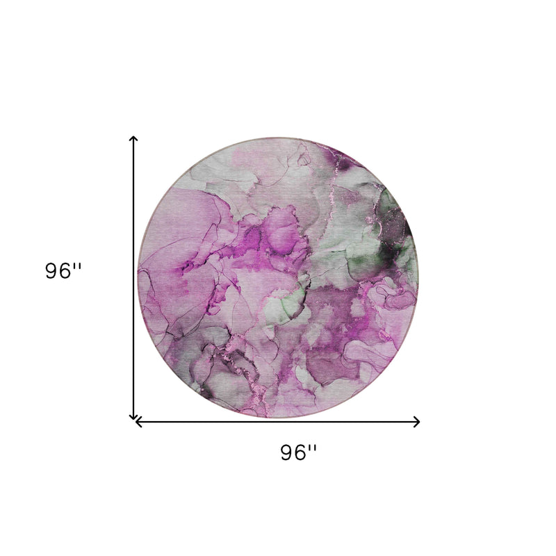 8' Round Gray and Purple Round Abstract Washable Non Skid Indoor Outdoor Area Rug