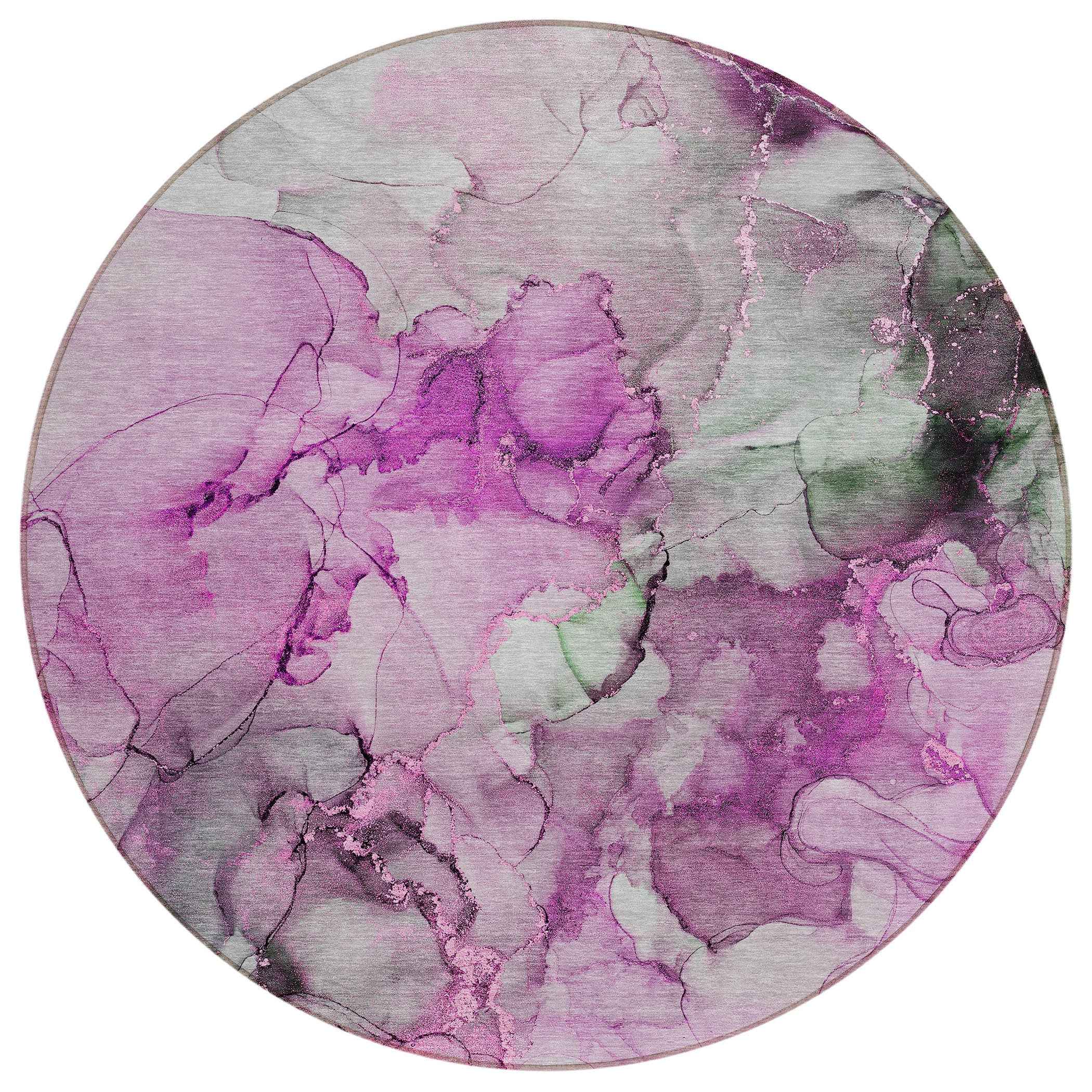 8' Round Gray and Purple Round Abstract Washable Non Skid Indoor Outdoor Area Rug