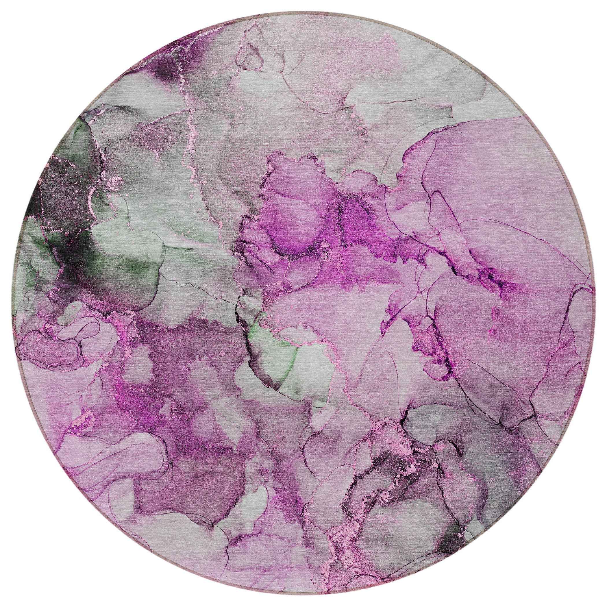 8' Round Gray and Purple Round Abstract Washable Non Skid Indoor Outdoor Area Rug