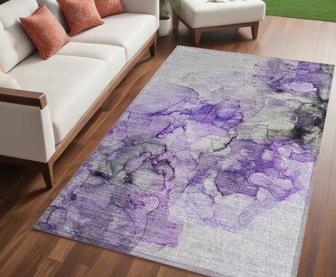 5' X 8' Purple Abstract Washable Non Skid Indoor Outdoor Area Rug