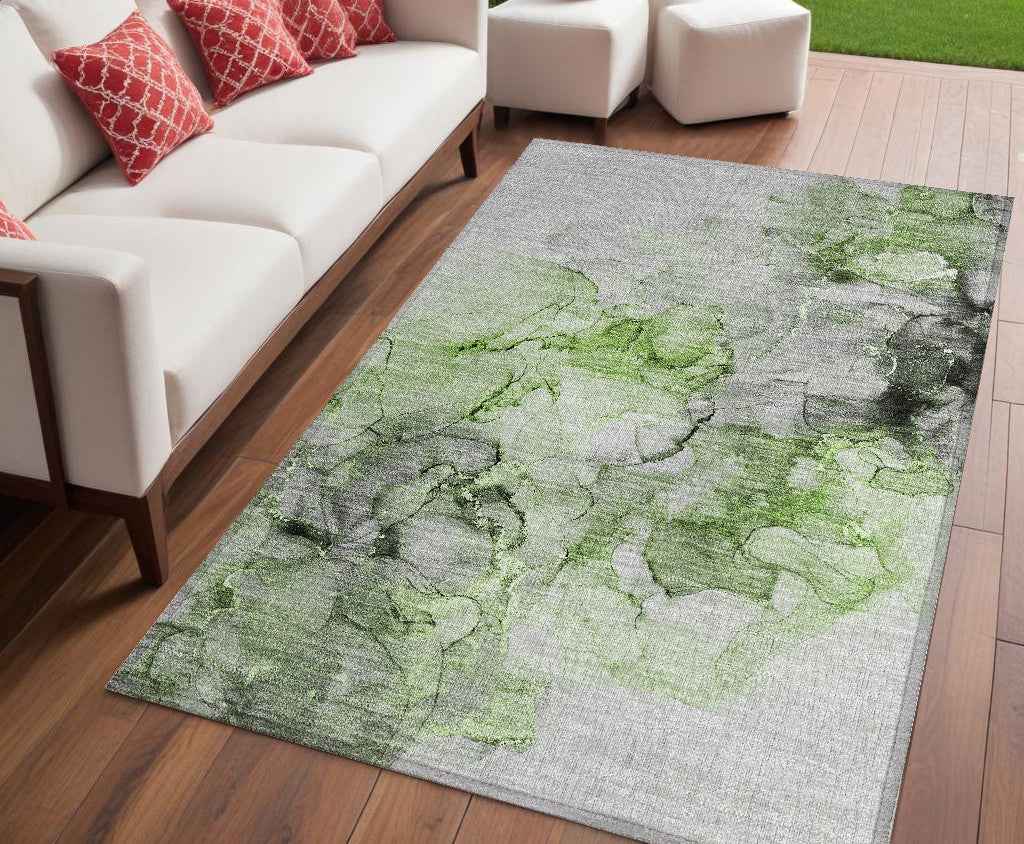 5' X 8' Green Abstract Washable Non Skid Indoor Outdoor Area Rug