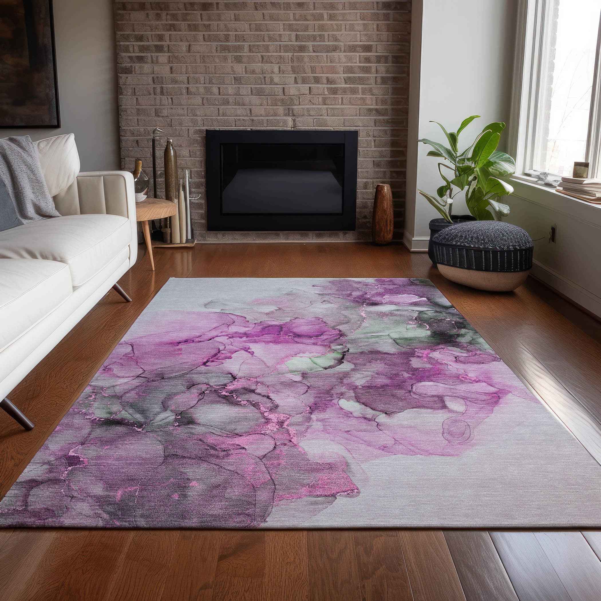 3' X 5' Gray and Purple Abstract Washable Non Skid Indoor Outdoor Area Rug