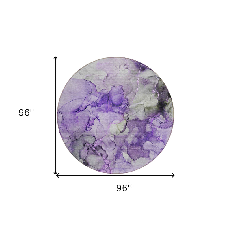 8' Round Purple Round Abstract Washable Non Skid Indoor Outdoor Area Rug