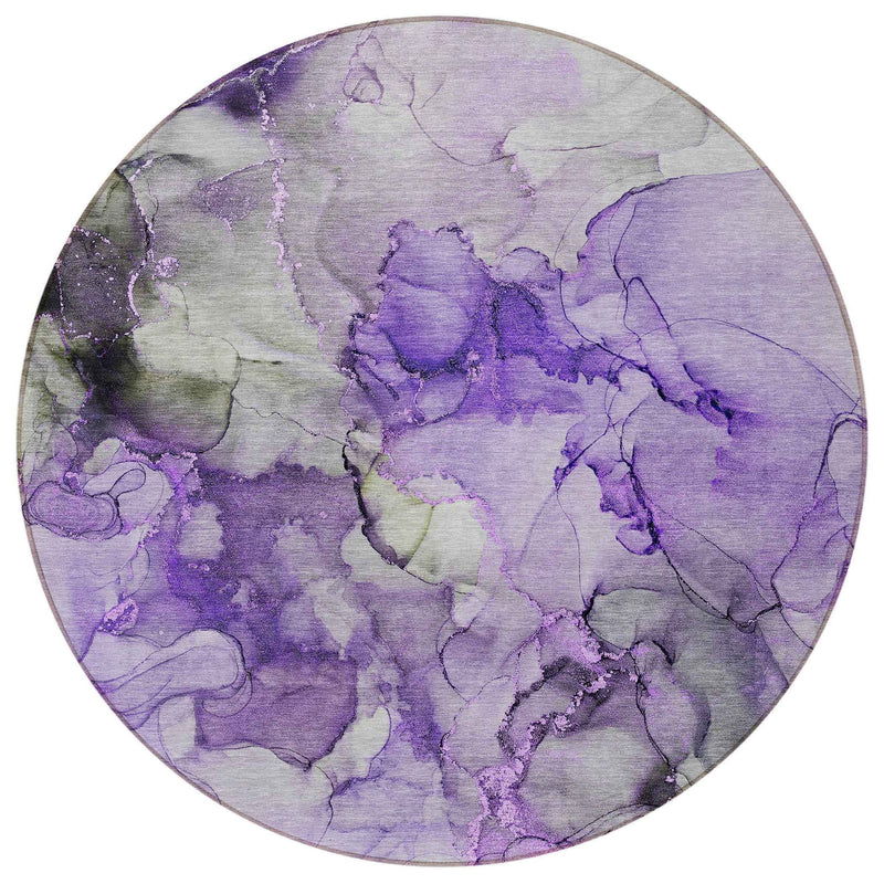 8' Round Purple Round Abstract Washable Non Skid Indoor Outdoor Area Rug