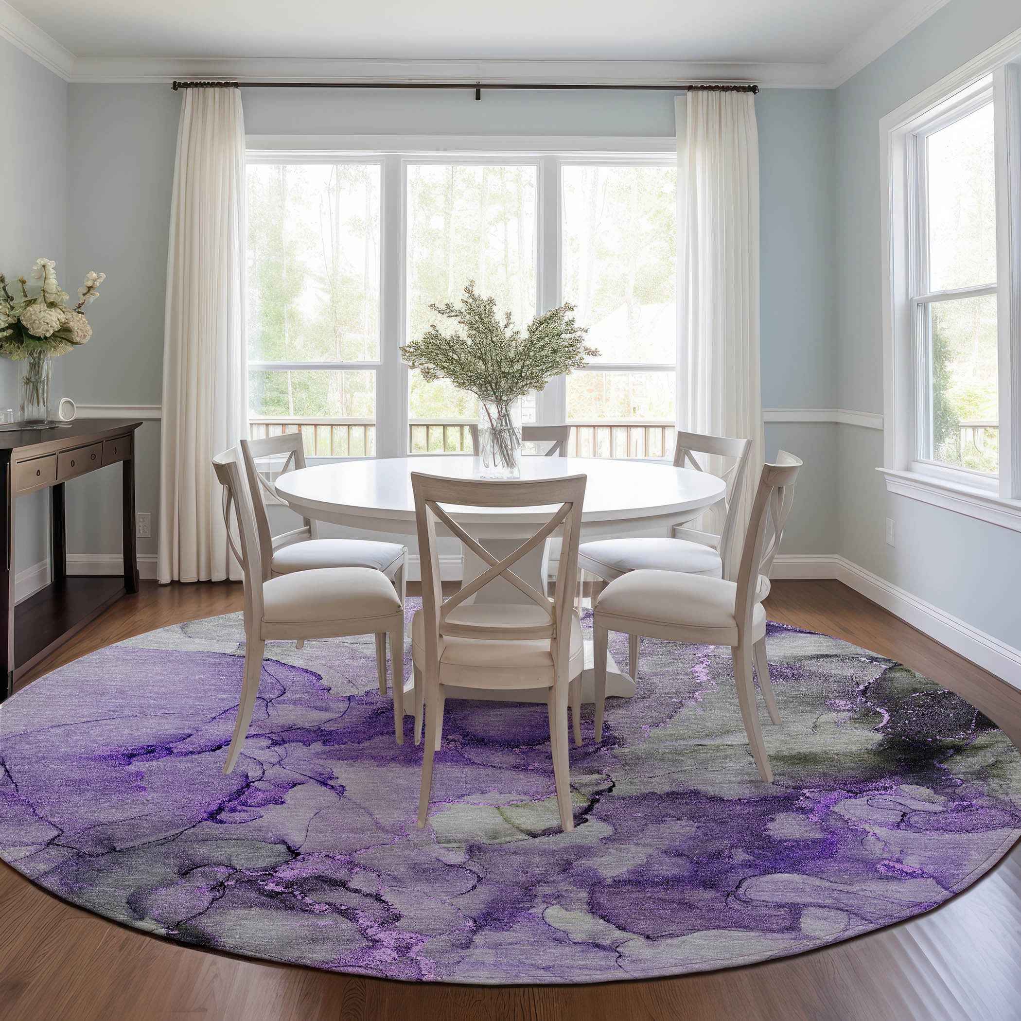 8' Round Purple Round Abstract Washable Non Skid Indoor Outdoor Area Rug