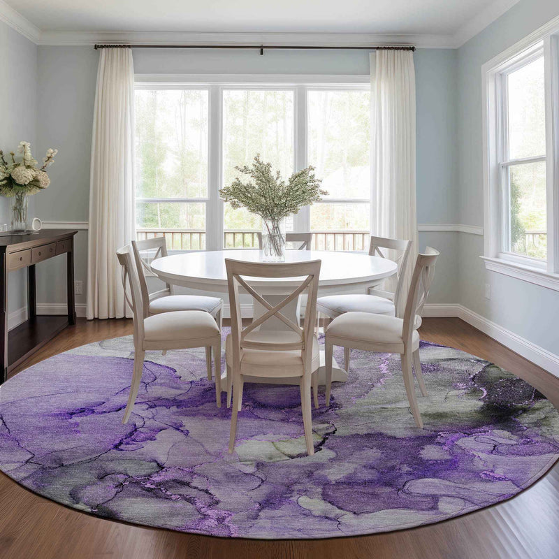 8' Round Purple Round Abstract Washable Non Skid Indoor Outdoor Area Rug