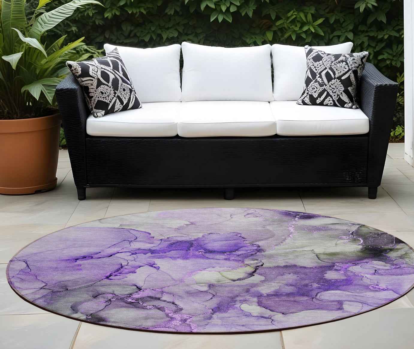 8' Round Purple Round Abstract Washable Non Skid Indoor Outdoor Area Rug