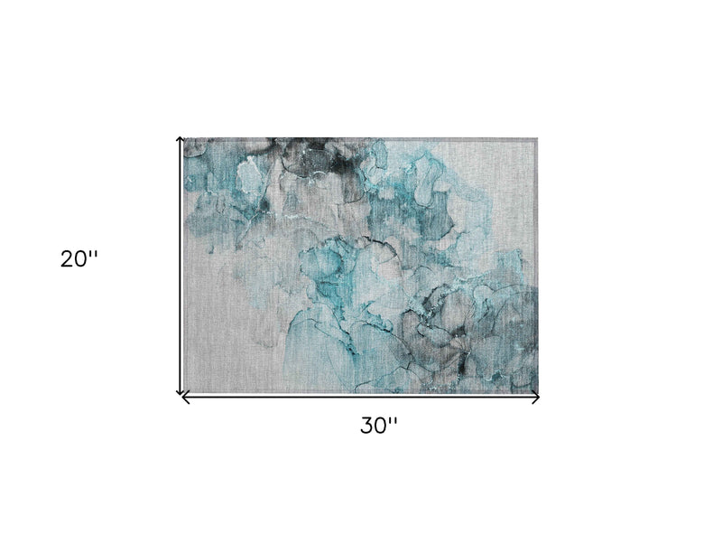 2' X 3' Teal Abstract Washable Non Skid Indoor Outdoor Area Rug