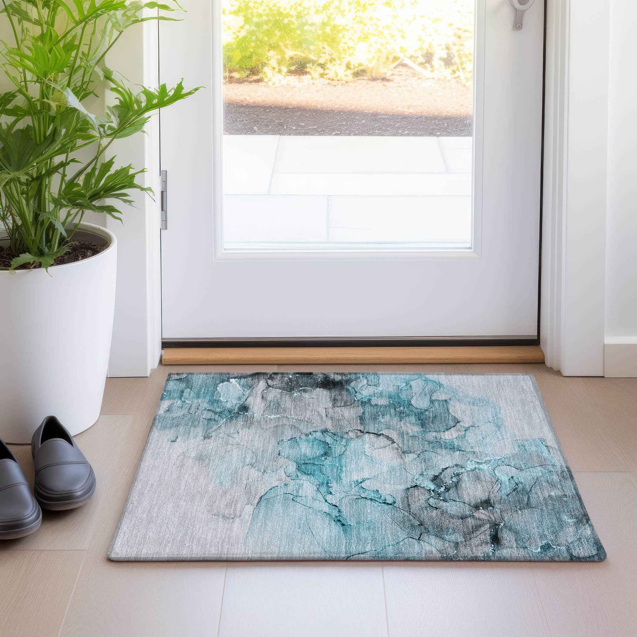 2' X 3' Teal Abstract Washable Non Skid Indoor Outdoor Area Rug