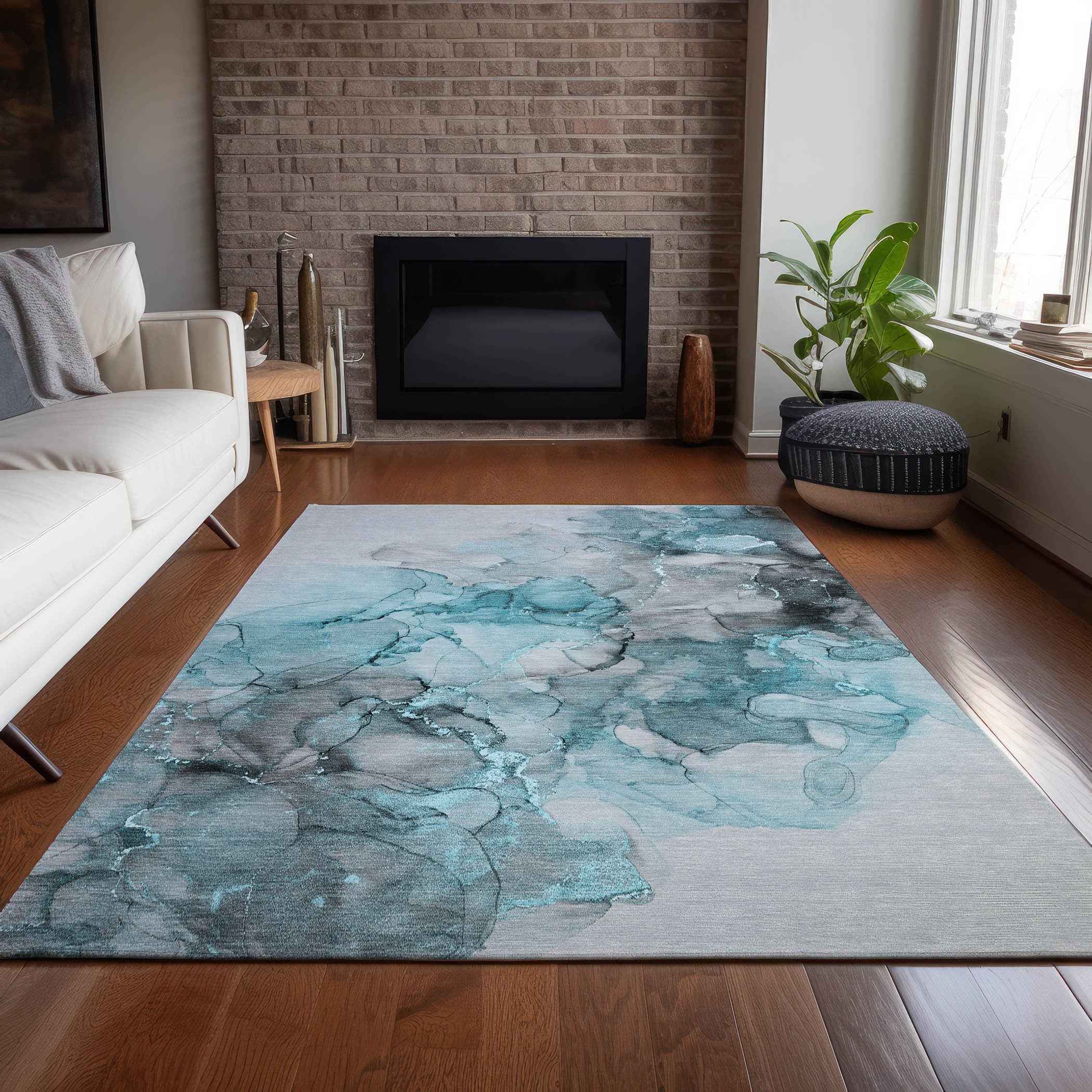 9' X 12' Teal and Gray Abstract Washable Indoor Outdoor Area Rug
