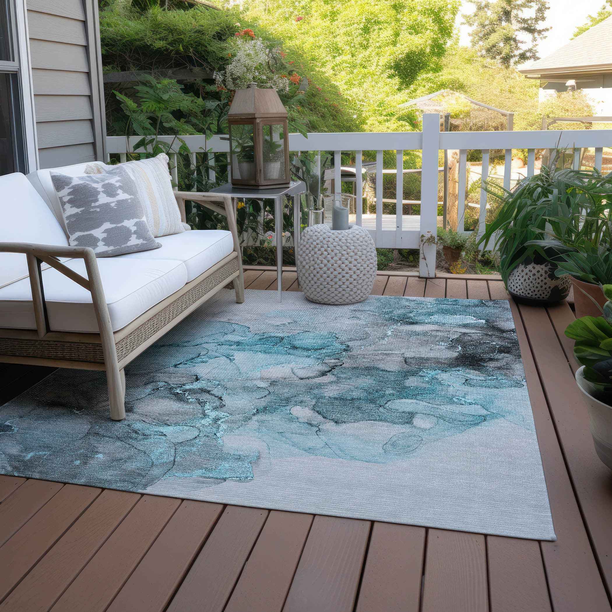 9' X 12' Teal and Gray Abstract Washable Indoor Outdoor Area Rug