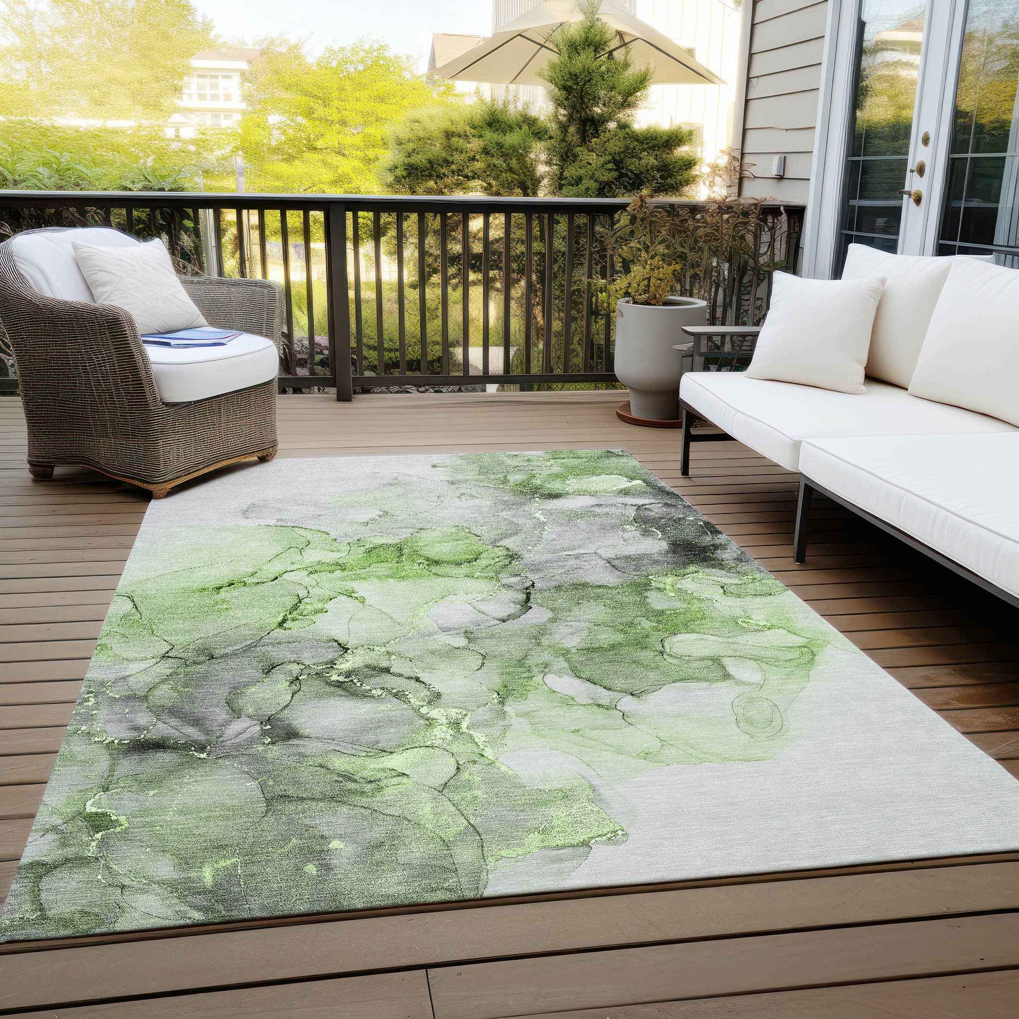 8' X 10' Green Abstract Washable Non Skid Indoor Outdoor Area Rug