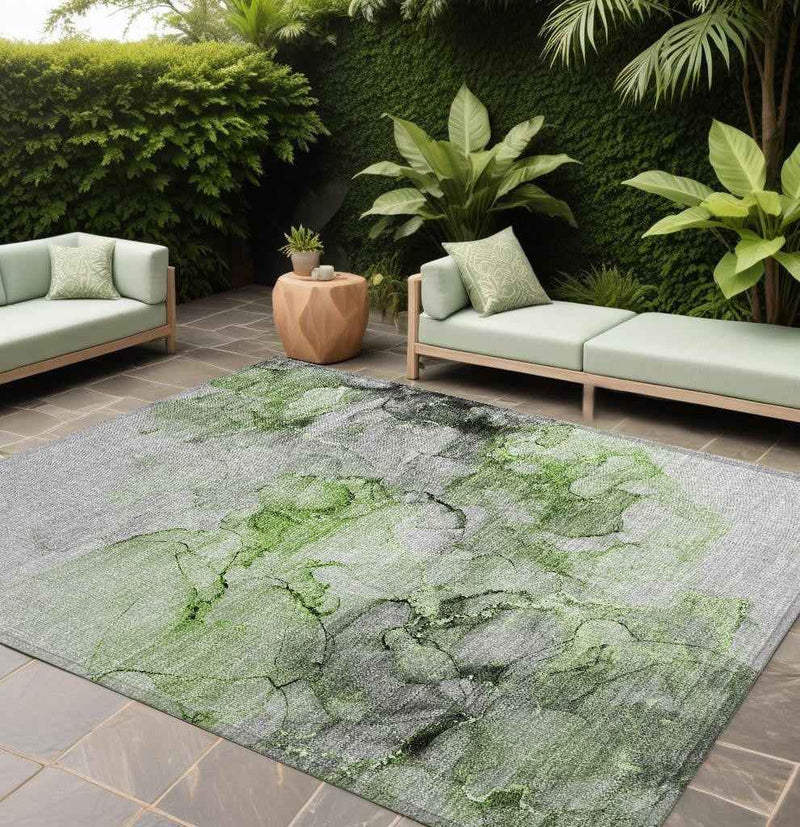 8' X 10' Green Abstract Washable Non Skid Indoor Outdoor Area Rug