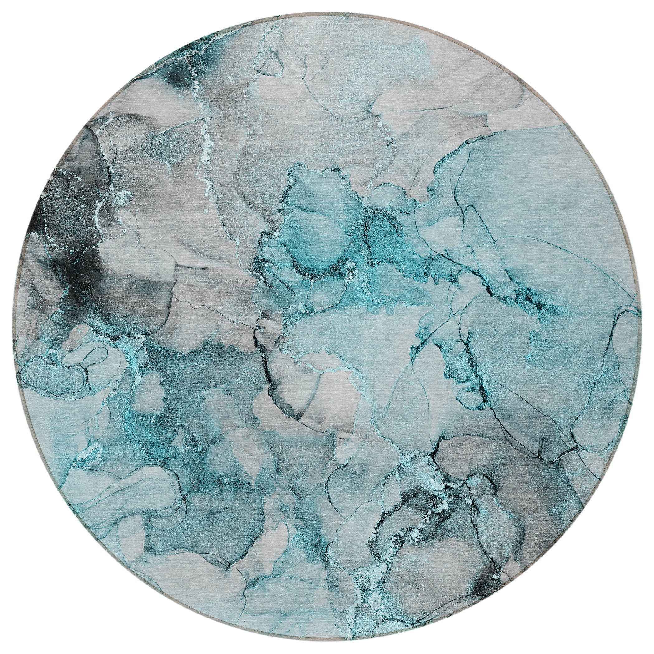 8' Round Teal Round Abstract Washable Non Skid Indoor Outdoor Area Rug