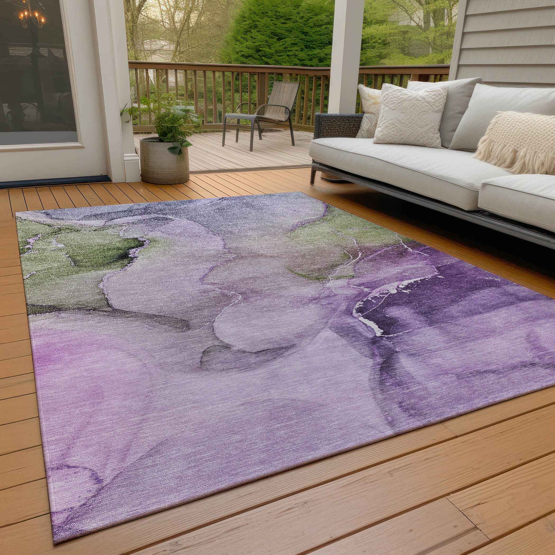 5' X 8' Purple and Green Abstract Washable Indoor Outdoor Area Rug