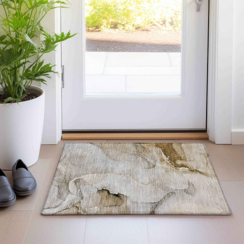 2' X 3' Beige and Brown Abstract Washable Indoor Outdoor Area Rug