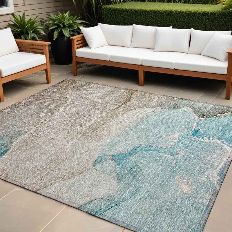 9' X 12' Teal Abstract Washable Non Skid Indoor Outdoor Area Rug
