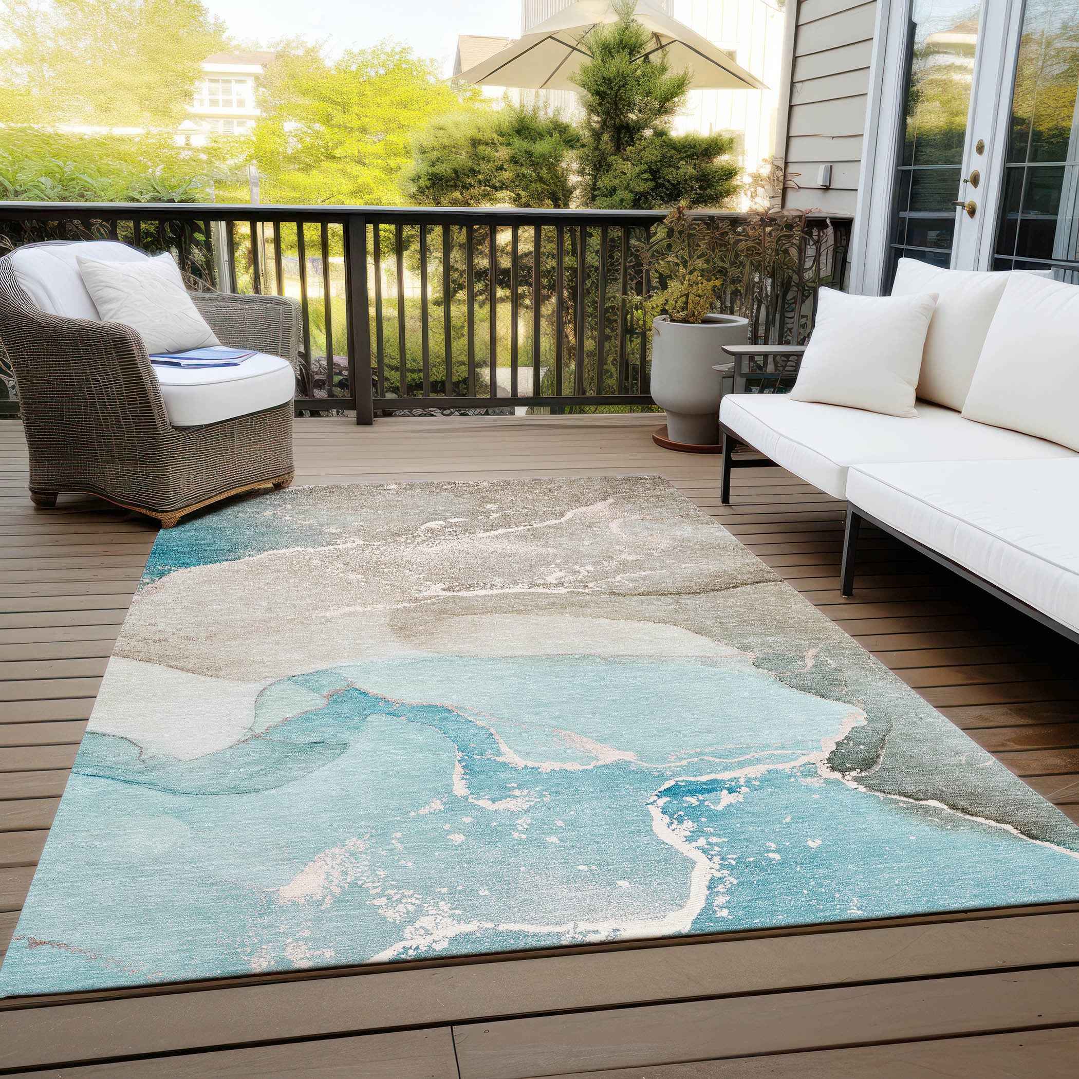 9' X 12' Teal Abstract Washable Non Skid Indoor Outdoor Area Rug