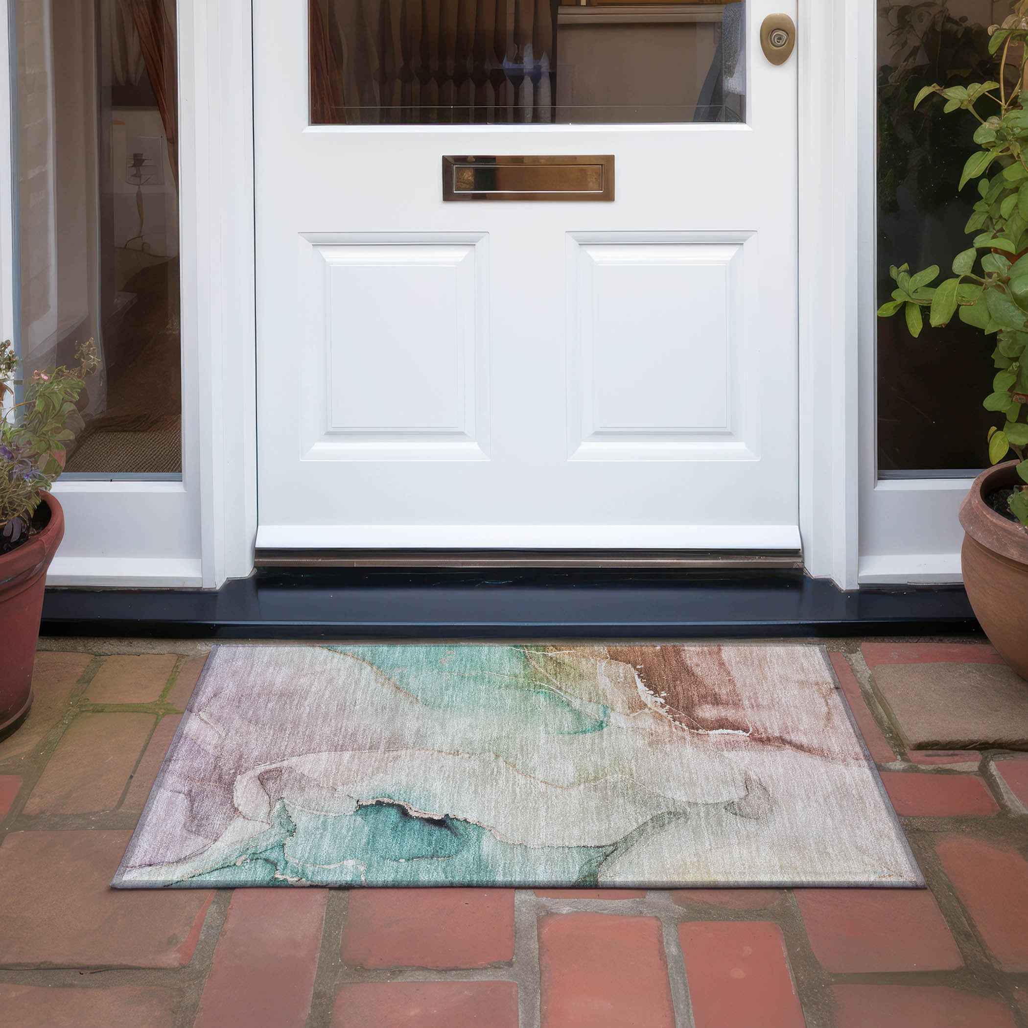 2' X 3' Teal Abstract Washable Non Skid Indoor Outdoor Area Rug