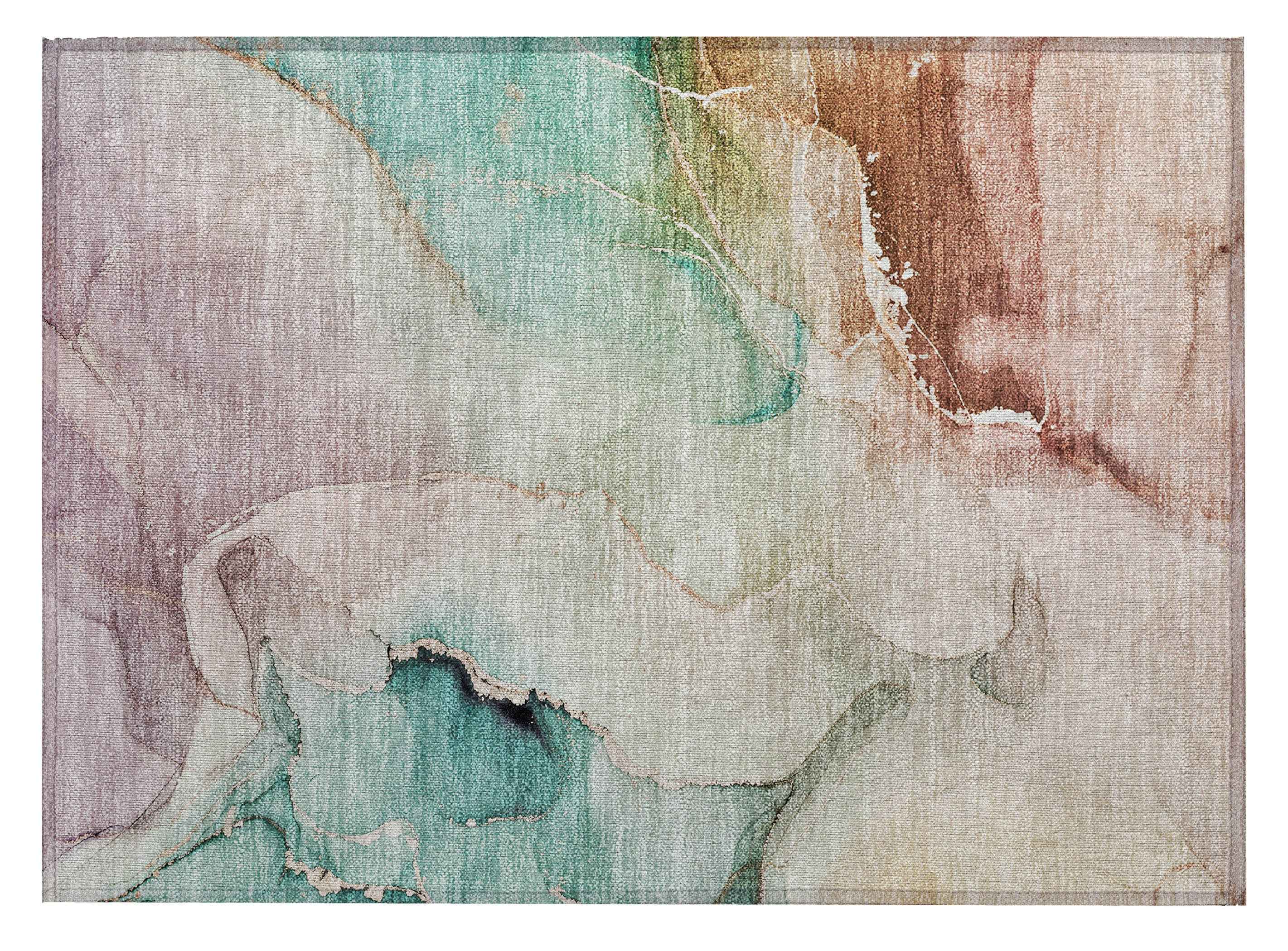 2' X 3' Teal Abstract Washable Non Skid Indoor Outdoor Area Rug