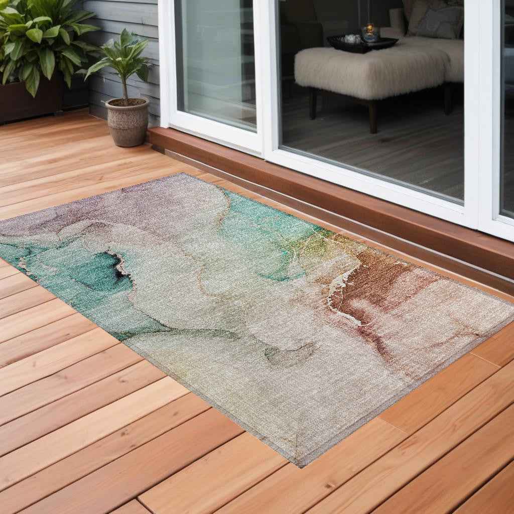 2' X 3' Teal Abstract Washable Non Skid Indoor Outdoor Area Rug