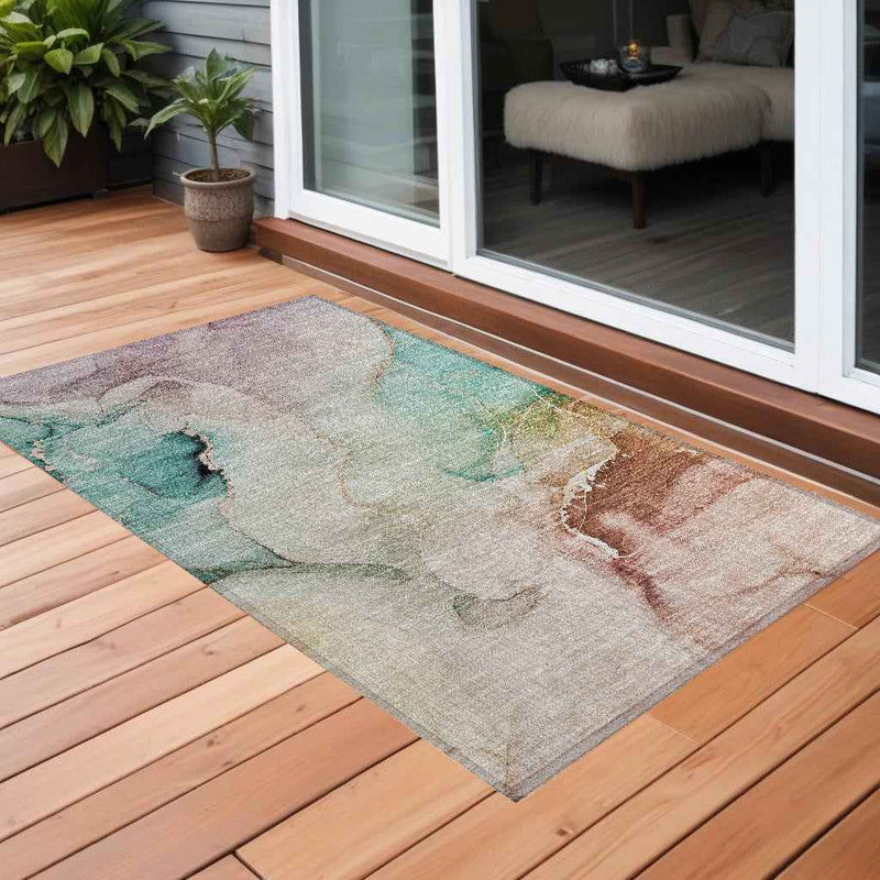 2' X 3' Teal Abstract Washable Non Skid Indoor Outdoor Area Rug