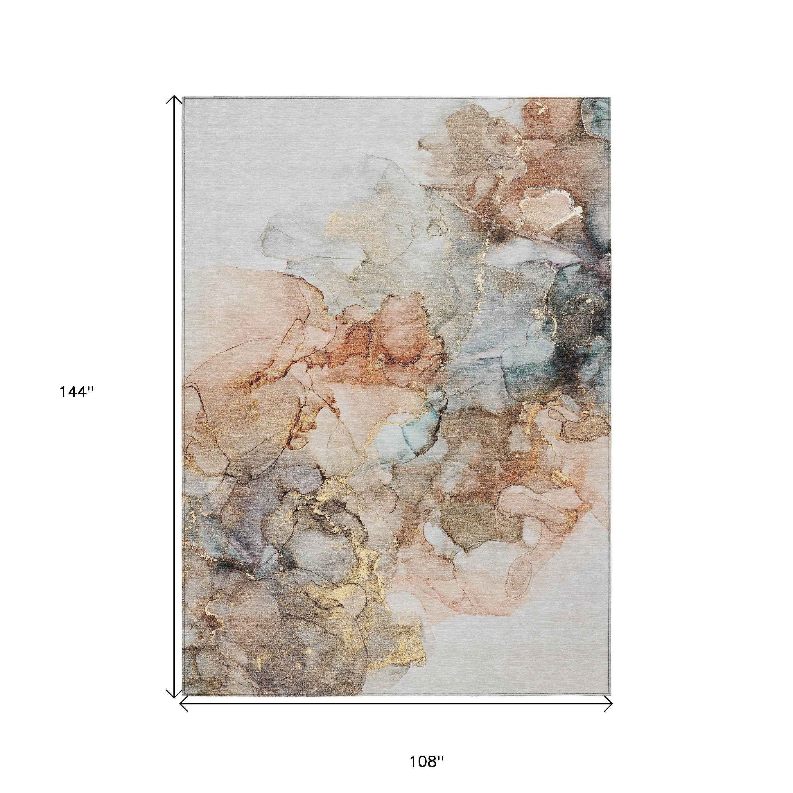 9' X 12' Beige Abstract Washable Non Skid Indoor Outdoor Area Rug