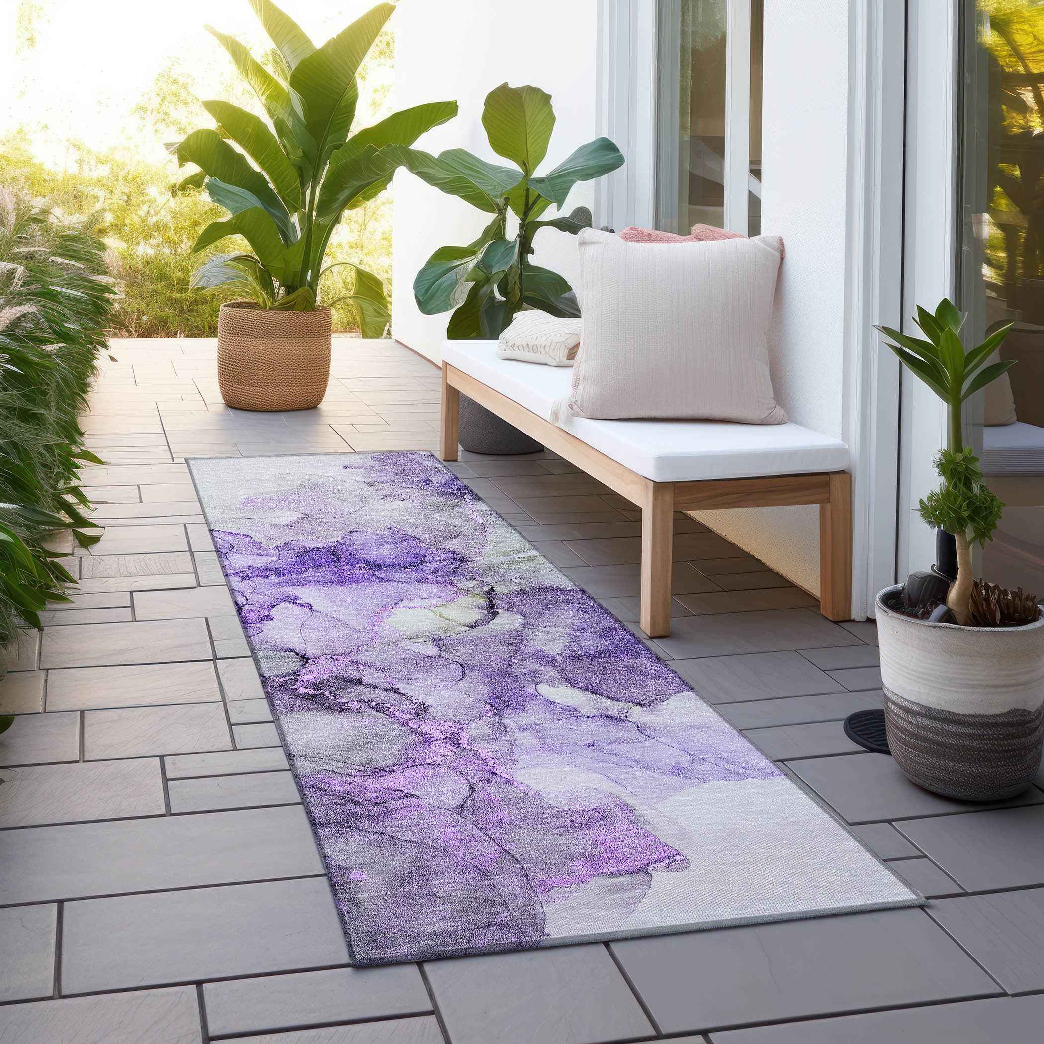 8' Runner Purple Abstract Washable Non Skid Indoor Outdoor Runner Rug