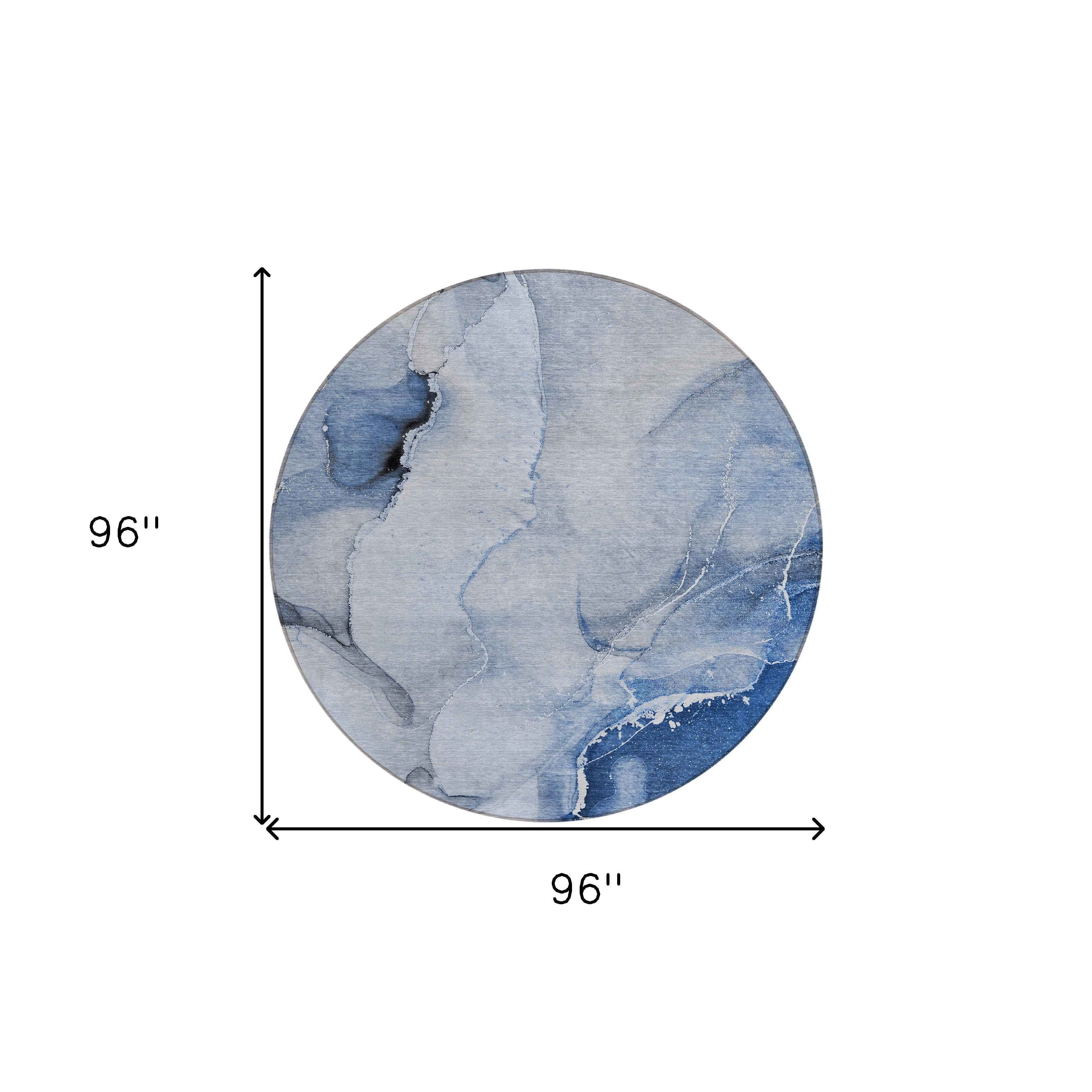 8' Round Blue and Gray Round Abstract Washable Non Skid Indoor Outdoor Area Rug