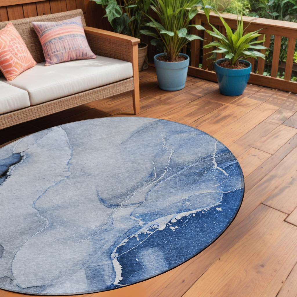 8' Round Blue and Gray Round Abstract Washable Non Skid Indoor Outdoor Area Rug