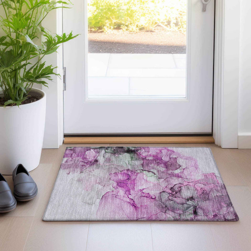2' X 3' Gray and Purple Abstract Washable Non Skid Indoor Outdoor Area Rug