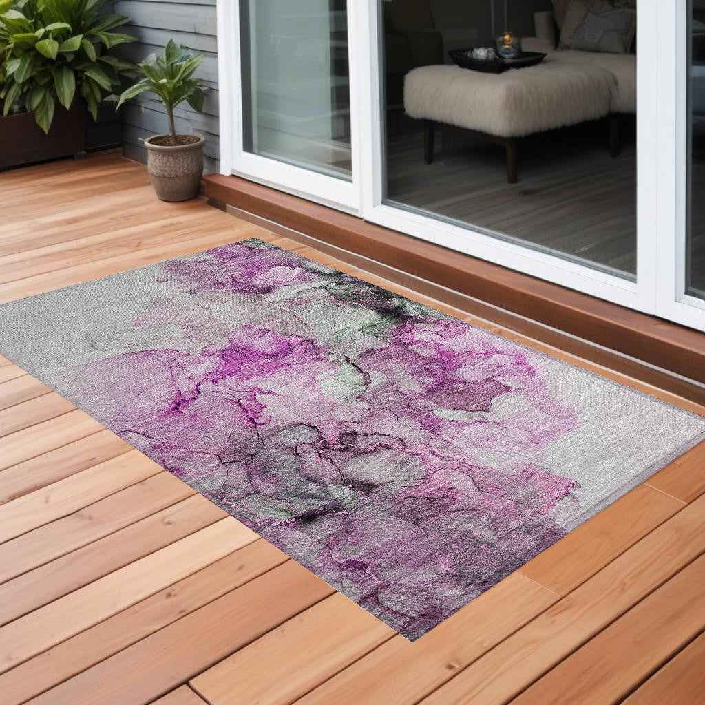 2' X 3' Gray and Purple Abstract Washable Non Skid Indoor Outdoor Area Rug