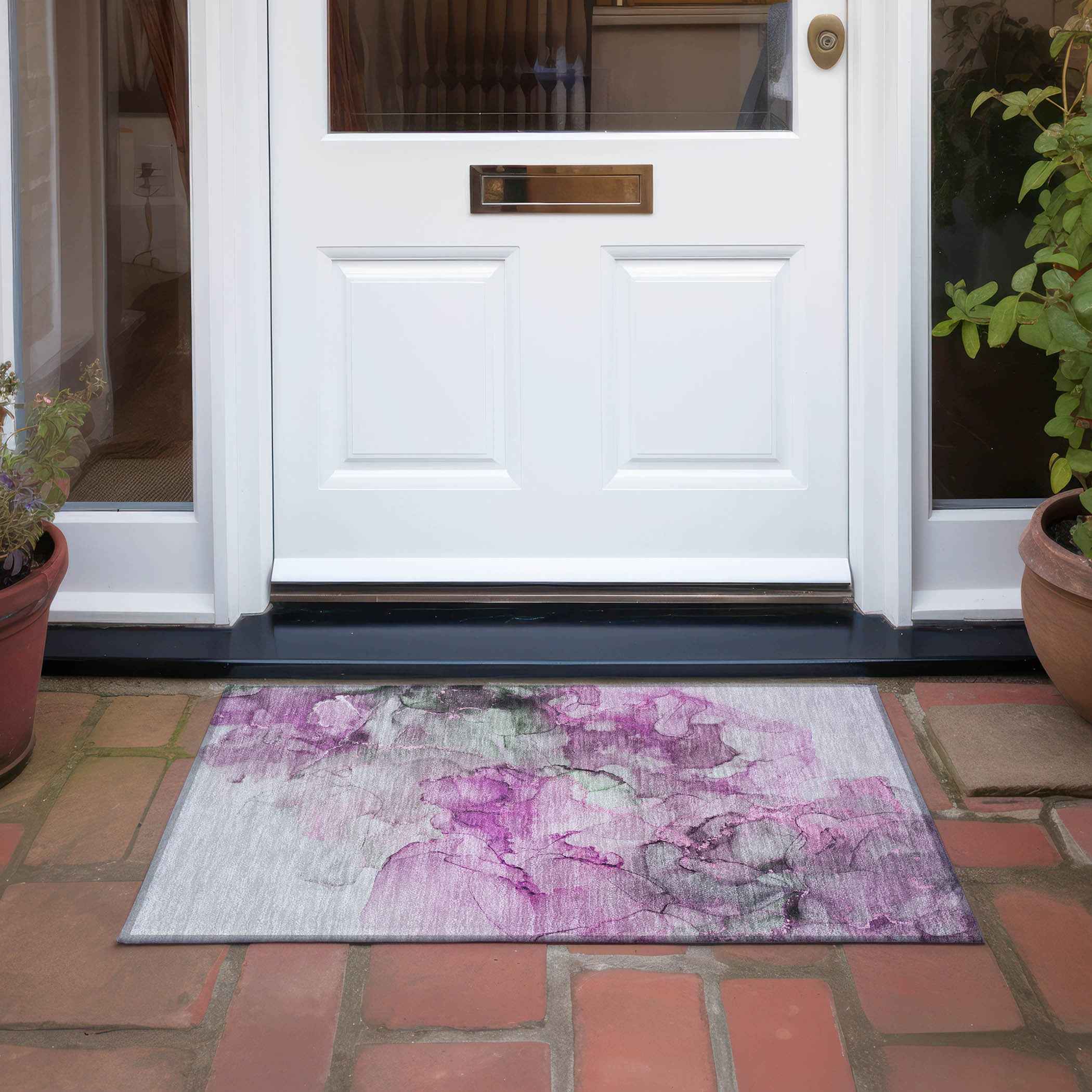 2' X 3' Gray and Purple Abstract Washable Non Skid Indoor Outdoor Area Rug