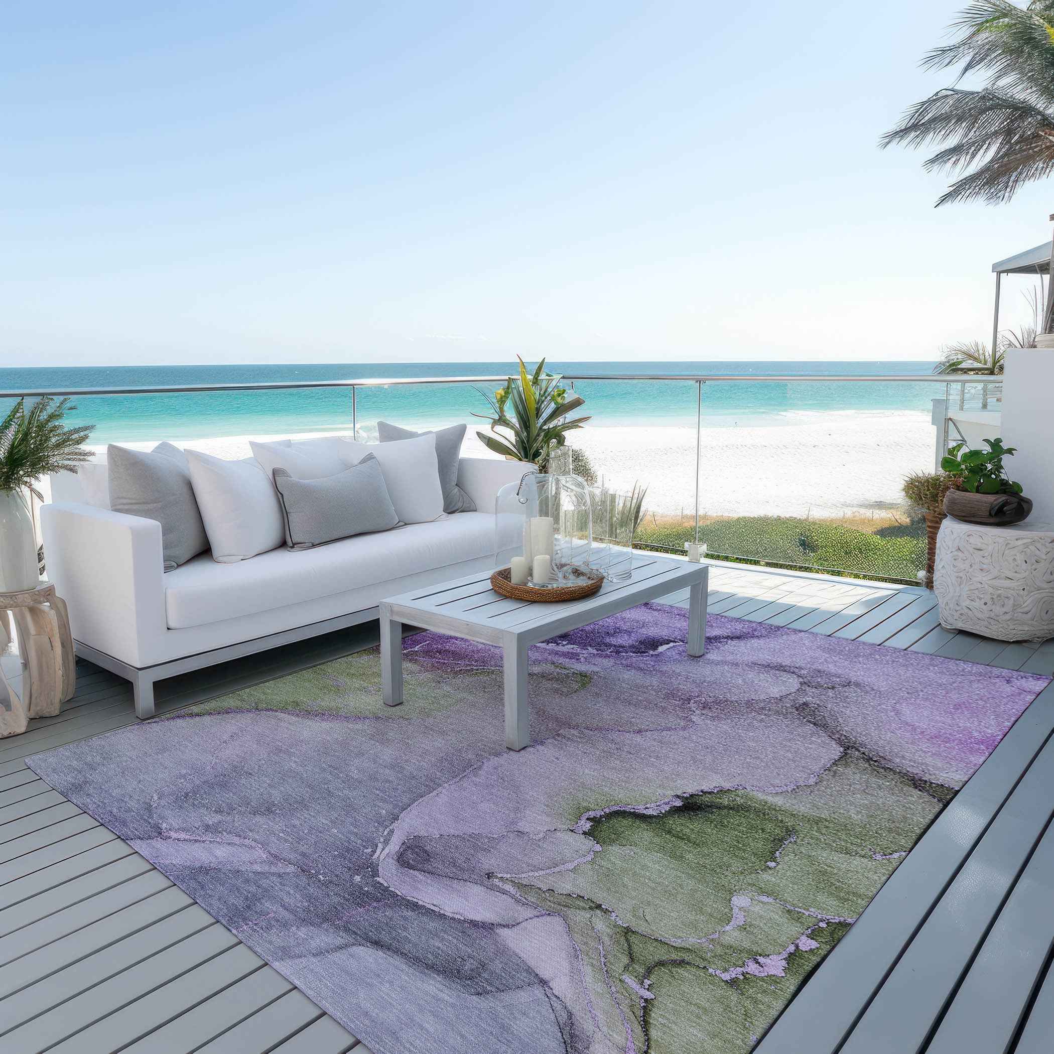 9' X 12' Purple Abstract Washable Non Skid Indoor Outdoor Area Rug