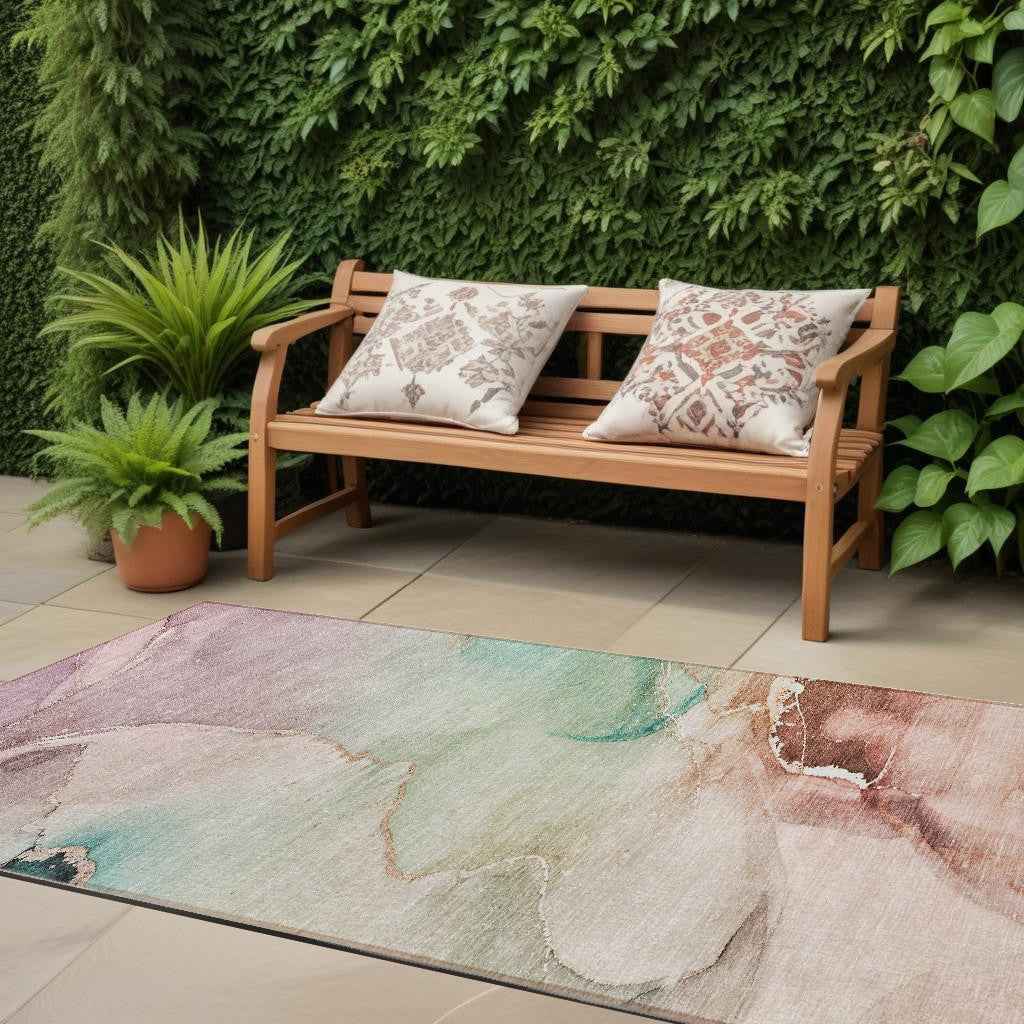 8' Runner Teal Abstract Washable Non Skid Indoor Outdoor Runner Rug