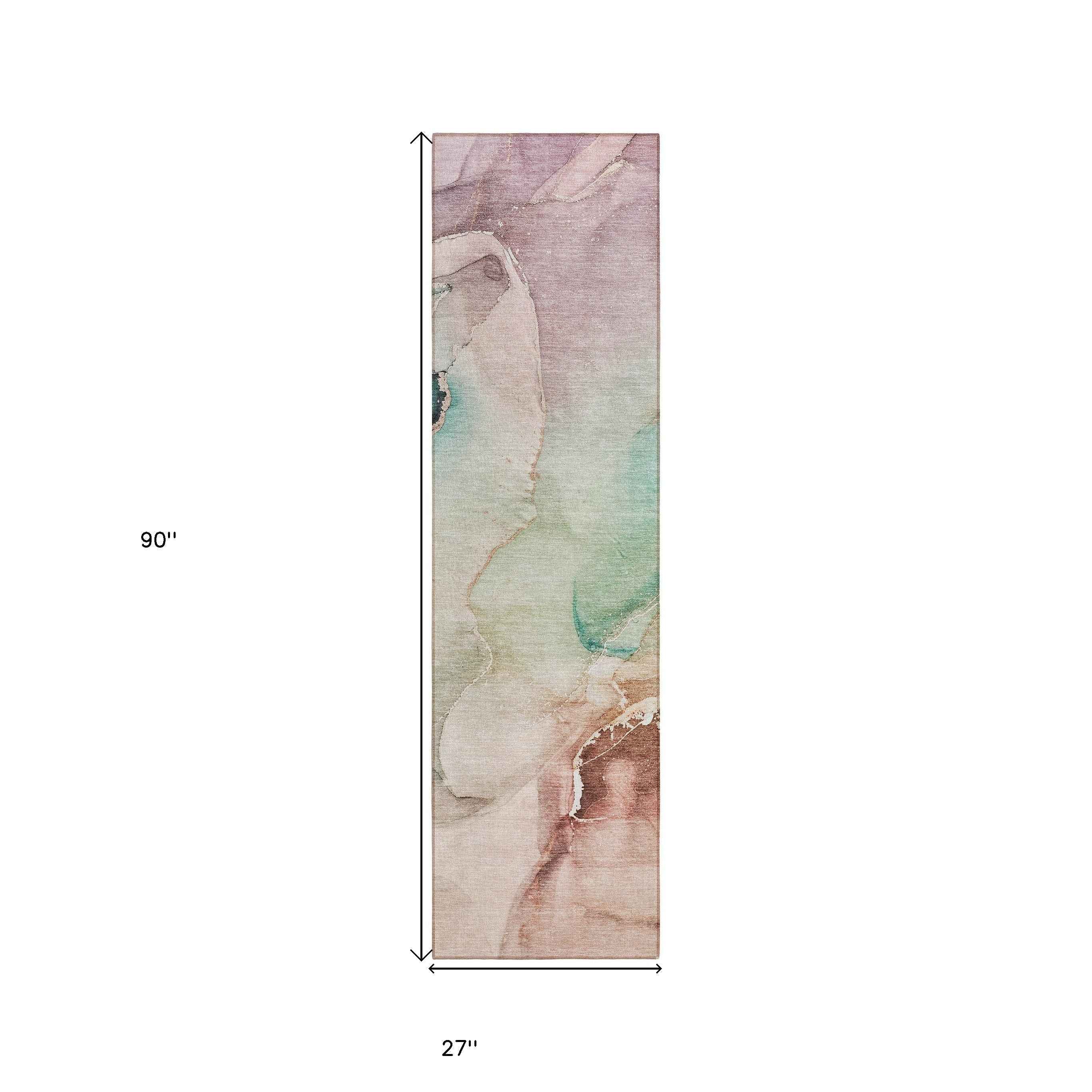 8' Runner Teal Abstract Washable Non Skid Indoor Outdoor Runner Rug