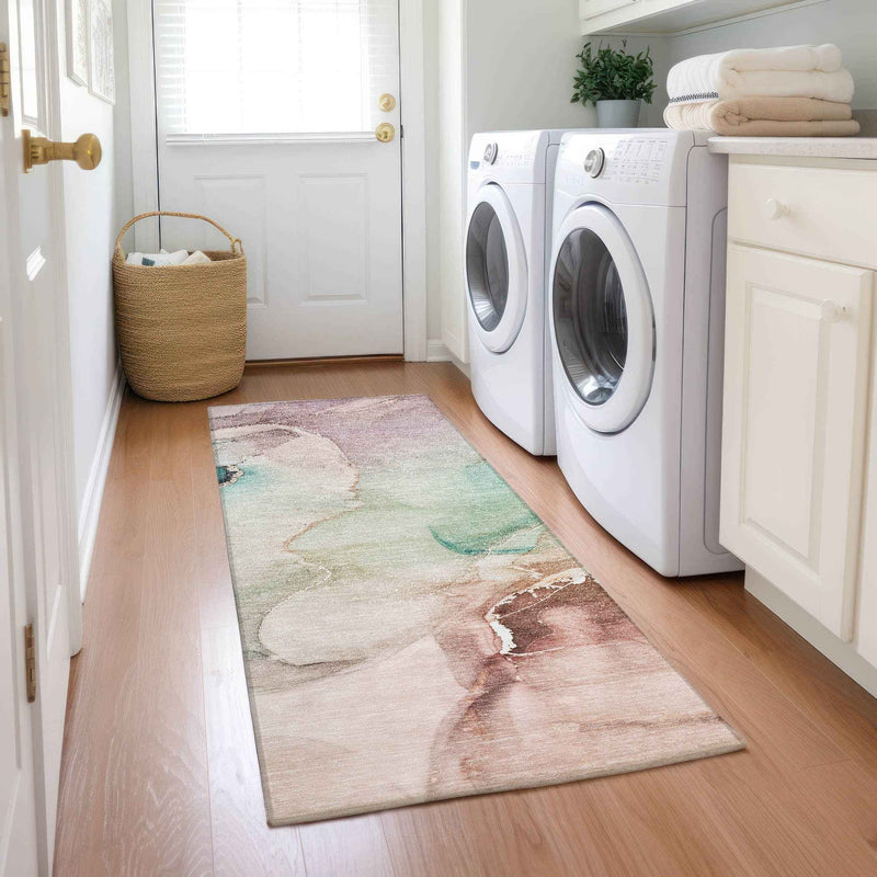 8' Runner Teal Abstract Washable Non Skid Indoor Outdoor Runner Rug