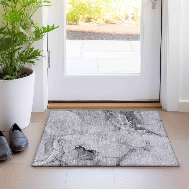 2' X 3' Gray and Ivory Abstract Washable Non Skid Indoor Outdoor Area Rug