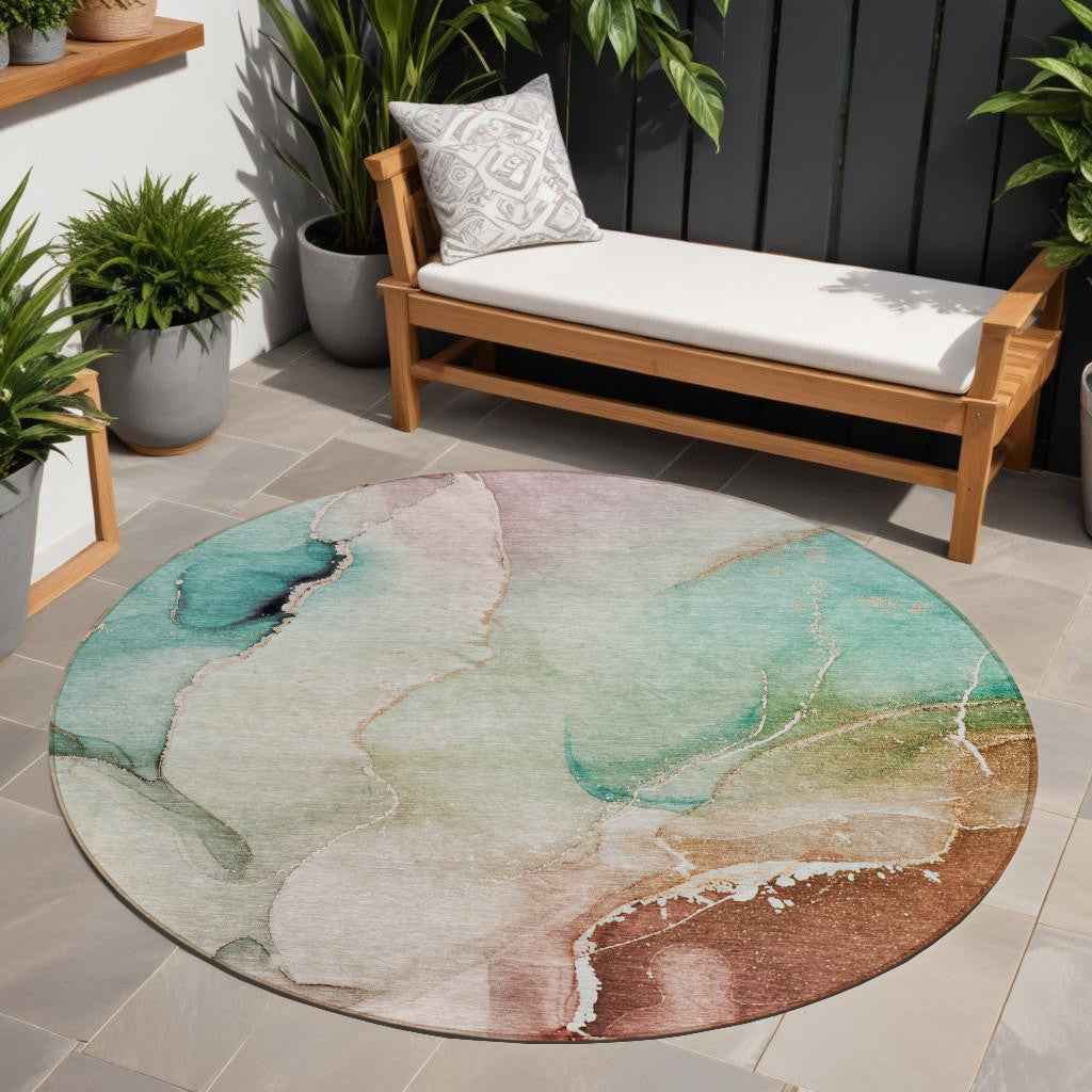 8' Round Teal Round Abstract Washable Non Skid Indoor Outdoor Area Rug