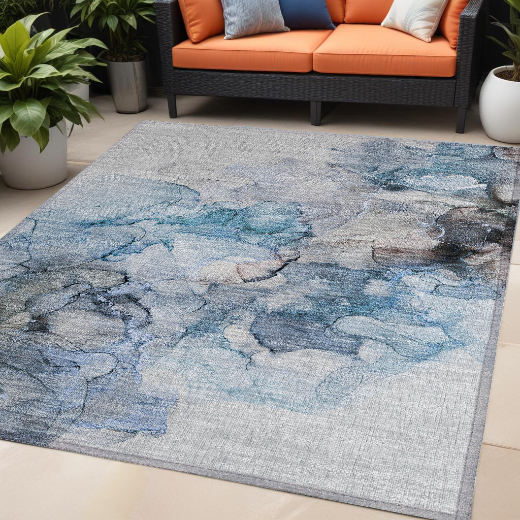 5' X 8' Blue and Gray Abstract Washable Non Skid Indoor Outdoor Area Rug